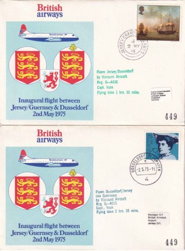 Jersey/BRD - British Airways Erstflug Jersey/Düsseldorf + retour 2 Briefe 1975