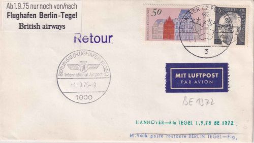 BRD - British Airways Erstflug Hannover/Berlin-Tegel Luftpostbrief 1975