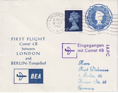 England - British Airways Erstflug London/Berlin Ganzsache/Zudruck 1968