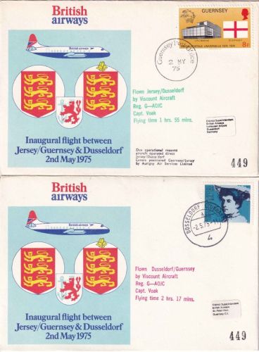 Guernsey/BRD - British Airways Erstflug Guernsey/Düsseldorf+retour 2 Briefe 1975