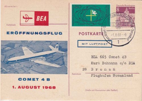 Berlin - British Airways Erstflug Comet Berlin/Bremen Ganzsache m. Zudruck 1968
