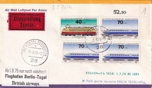 BRD - British Airways Erstflug Bremen/Berlin-Tegel Luftposteilbrief 1975