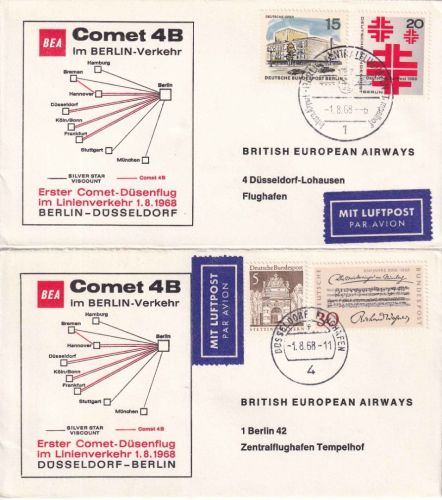 Berlin - British Airways Erstflug Comet Berlin/Düsseldorf + retour 2 Belege 1968