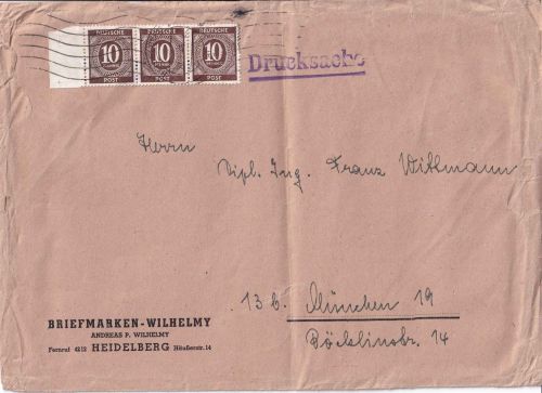 Kontrollrat - 3x10 Pfg. Ziffer Drucksachenbrief 101-250g Heidelberg 29.7.46