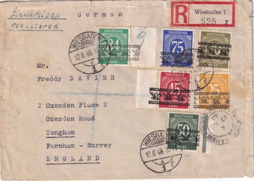 Bizone - Ziffern/Bandaufdruck div. Werte Einschreibebrief n. ENGLAND 12.8.48
