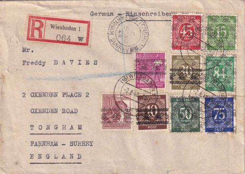 Bizone - Ziffern/Netzaufdruck u.a. Einschreibebrief n. ENGLAND Wiesbaden 2.8.48