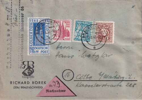Bizone - 700 J. Kölner Dom Satz VOR-Ersttagsbrief/Nachnahme Braunschweig 13.8.48