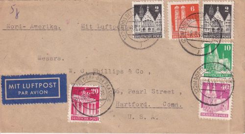 Bizone - 40 Pfg. Bauten ua. Luftpostbrief "Grenzgänger" (Chemnitz) n. USA 6.8.49