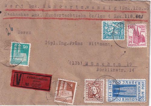 Bizone - 700 J. Kölner Dom Satz u.a. Wertbrief Friedrichstadt - München 25.11.48