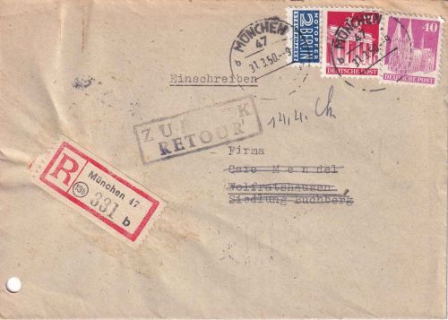 Bizone - 40+20 Pfg. Bauten Einschreibebrief München 47 - Gartenberg/WOR 31.3.50