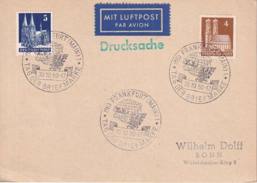 Bizone - 4+5 Pfg. Bauten Lupo-Drucksachenkarte SST Frankfurt a/M. 30.10.50