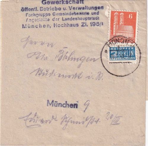 Bizone - 6 Pfg. Bauten Orts-Drucksachenschleife (21-50g) München 12 26.3.49