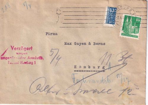 Bizone - 10 Pfg. Bauten Ortsbrief Hamburg 2.4.49 roter Verzögerungs-L4