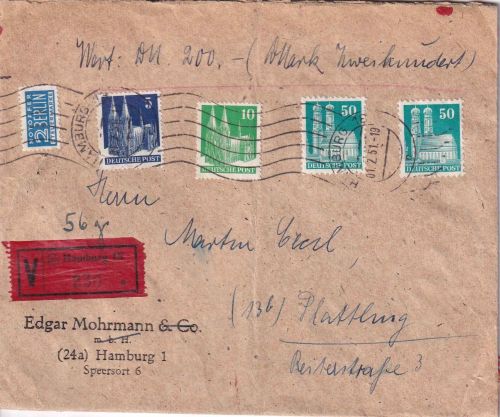 Bizone - 2x50+10+5 Pfg. Bauten Wertbrief Hamburg 18 - Plattling 1.2.51