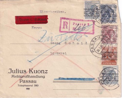 Bizone - 80 Pfg. Arbeiter/Netz ua. Eil-Einschreibebrief Passau - Freyung 24.6.48