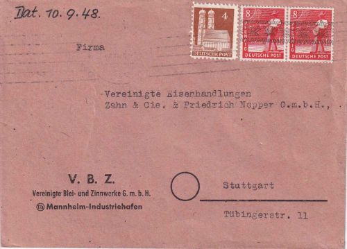 Bizone - 2x8 Pfg. Arbeiter/Band + 4 Pfg. Bauten Brief Mannheim Stuttgart 10.9.48