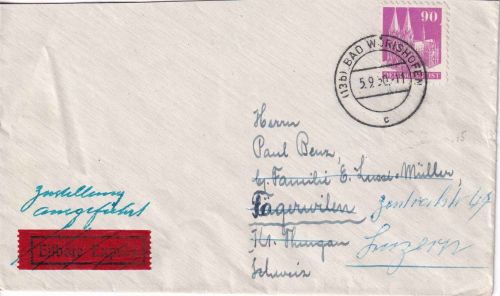 Bizone - 90 Pfg. Bauten Eilbrief i.d. SCHWEIZ Bad Wörishofen - Tägerwilen 5.9.50
