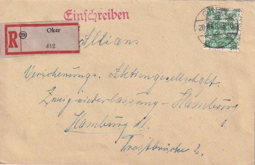 Bizone - 84 Pfg. Arbeiter/Netz Einschreibebrief Oker - Hamburg 20.8.48