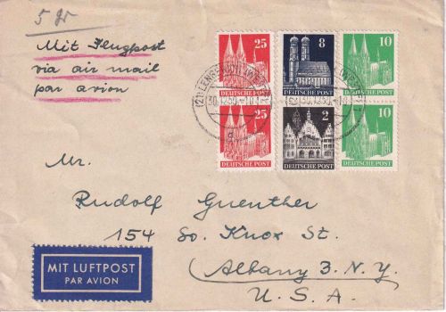 Bizone - 2x25 Pfg. u.a. Bauten Luftpostbrief n. USA Lengerich - Albany 30.12.50