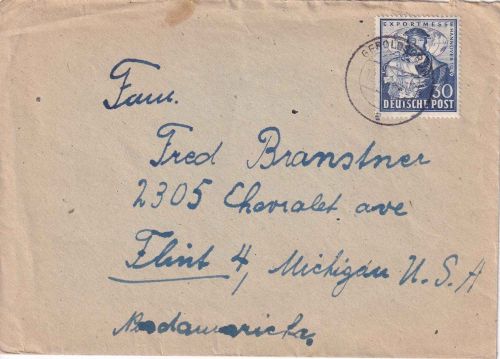 Bizone - 30 Pfg. Expo Hannover Brief n. USA Geroldsgrün - Flint 1949