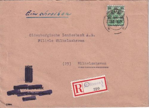 Bizone - 84 Pfg. Arbeiter/Netz Einschreibebrief Bremen - Wilhelmshaven 27.8.48