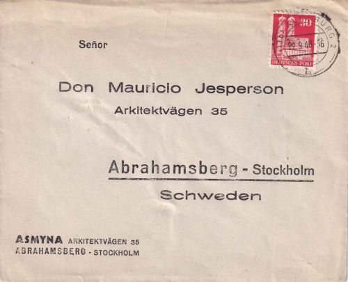 Bizone - 30 Pfg. Bauten Brief n. SCHWEDEN Augsburg - Abrahamsberg 22.9.48