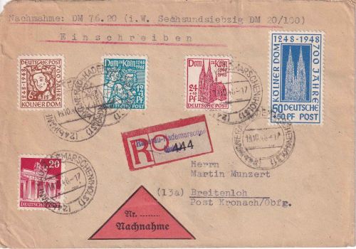 Bizone - 700 J. Kölner Dom Satz u.a. Nachnahme-Einschreibebrief 19.10.48