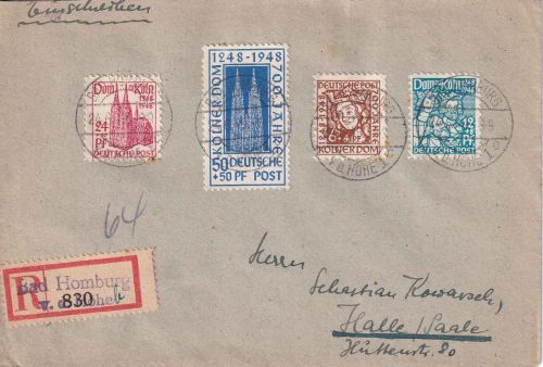 Bizone - 700 J. Kölner Dom Satz Einschreibebrief Bad Homburg - Halle 24.6.48