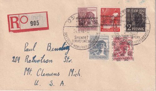 Bizone - Arbeiter/Band-Netz div. Werte Einschreibebrief n. USA Aurich 24.8.48