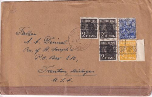 Bizone - 50 Pfg. Arbeiter/Netz u.a. Brief n. USA Sottrum - Trenton 2.7.48