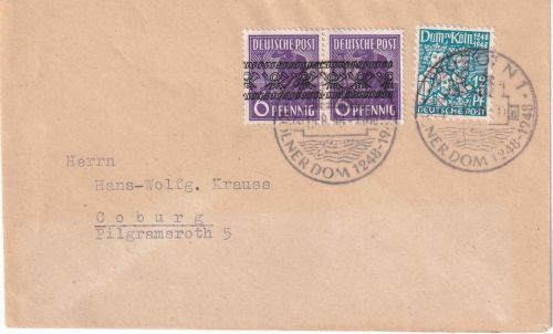 Bizone - 12 Pfg. 700 J. Kölner Dom u.a. Brief/FDC ESST Köln - Coburg 15.8.48