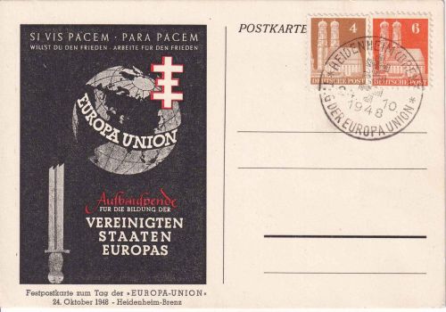 Bizone - Heidenheim 24.10.1948 Tag der Europa-Union Sonderkarte mit SST