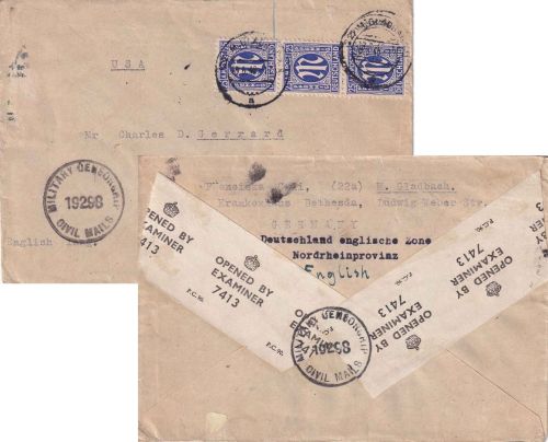 AM-Post - 3x25 Pfg. amerik. Druck Zensurbrief n. USA M. Gladbach 18.6.46