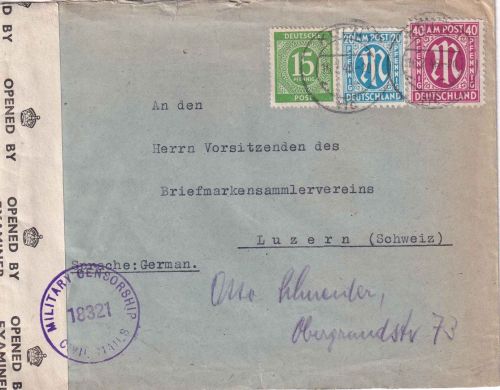 AM-Post - 40 Pfg. dt. Druck u.a. Zensurbrief i.d. SCHWEIZ Köln - Luzern 16.7.46