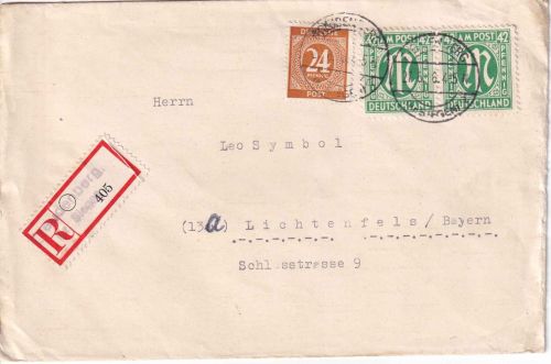 AM-Post - 42 Pfg. dt. Druck Paar u.a. Einschreibebrief Freudenberg 27.6.46
