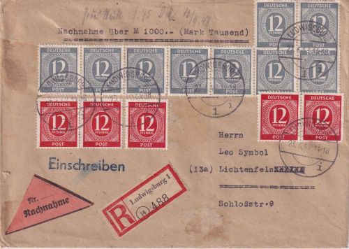 All.Bes./Kontrollrat - 14x12 Pfg Ziffer rot/grau Nachnahme-Einschreibebrief 1947