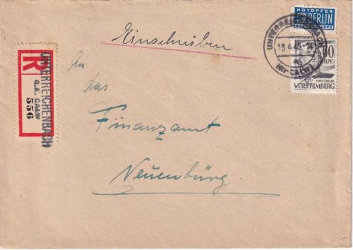 FZ/Württemberg - 60 Pfg. 2. Ausgabe Einschreibebrief Unterreichenbach 19.4.49