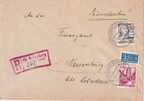 FZ/Württemberg - 60+20 Pfg. 2./3. Ausgabe Einschreibebrief Schömberg 12.4.49