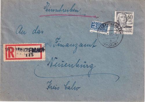 FZ/Württemberg - 60 Pfg. 2. Ausgabe Einschreibebrief Unterreichenbach 16.3.49