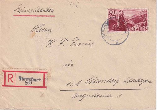 FZ/Baden- 84 Pfg. 2. Ausgabe Einschreibebrief Gernsbach - Starnberg 20.7.48