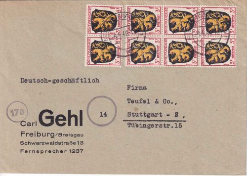 FZ/Allg.Ausg. - 8x3 Pfg. Wappen Fernbrief Freiburg - Stuttgart 4.4.46