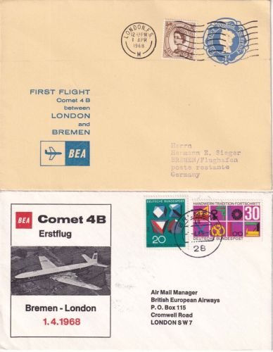 England/BRD - British Airways Erstflug Comet Bremen/London +retour 2 Belege 1968