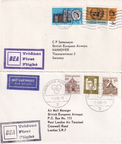 England/BRD - British Airways Erstflug Hannover/London + retour 2 Belege 1966