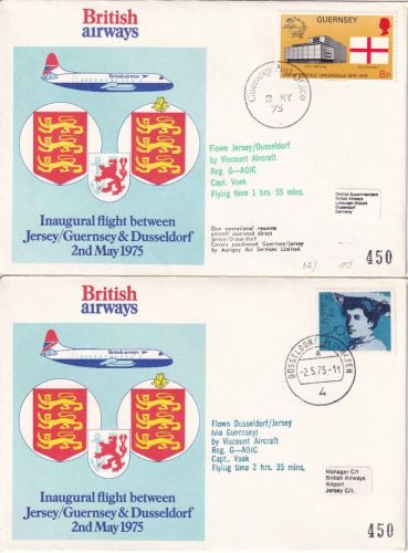 Jersey/BRD - British Airways Erstflug Jersey/Düsseldorf + retour 2 Briefe 1975