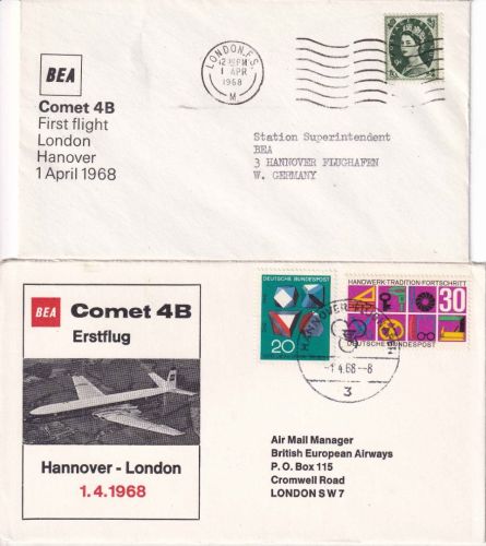 England/BRD - British Airways Erstflug London/Hannover + retour 2 Belege 1968