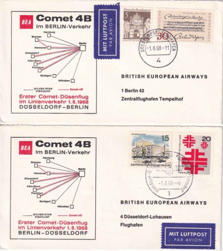 Berlin/BRD - British Airways Erstflug Berlin/Düsseldorf + retour 2 Belege 1968