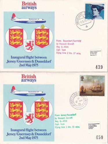 Guernsey/BRD - British Airways Erstflug Guernsey/Düsseldorf+retour 2 Briefe 1975