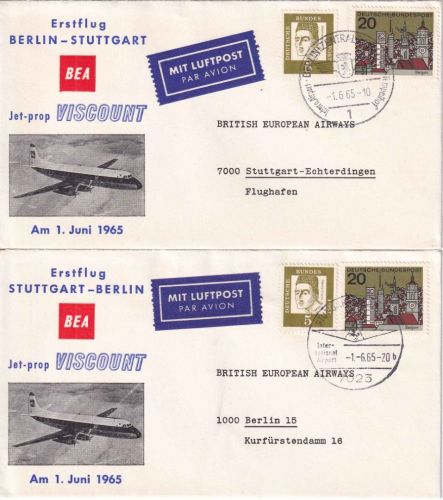 BRD/Berlin - British Airways Erstflug Stuttgart/Berlin 2 Schmuckumschläge 1965