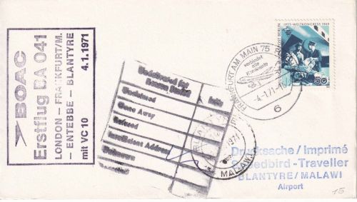 BRD - BOAC Erstflug London/Blantyre Etappe FFM/Blantyre Luftpostbrief 1971