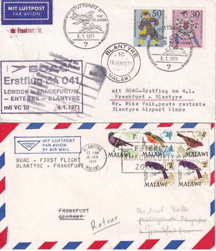 BRD/Malawi - BOAC Erstflug London/Blantyre Etap. FFM/Blantyre 2 Lupo-Briefe 1971